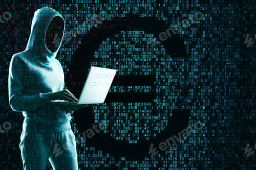 Preview: Hacking And Cryptocurrency Concept. Hacker Using Laptop With Creative Coding Euro Sign
