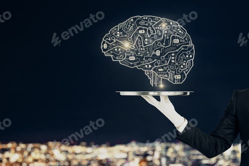 Preview: Hand With Creative Circuit Brain On Blurry Night City Background. Artificial Intelligence And