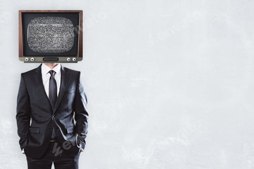 Preview: Tv Headed Businessman Standing On Concrete Background With Copy Space