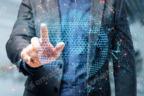 Preview: Close Up Of Man Hand Clicking At Abstract Globe Sphere With Coding And Polygonal Network On Blurry