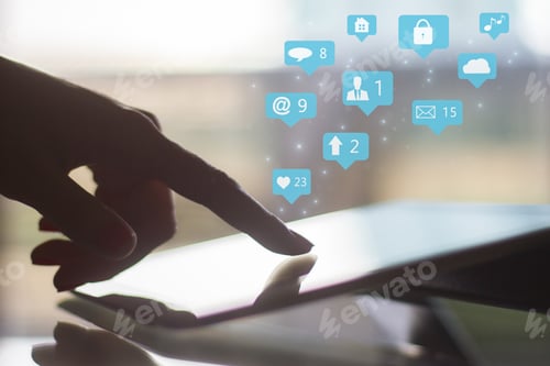 Preview: Social Media And Marketing Virtual Icons Screen Concept With Hand And Digital Tablet At Abstract
