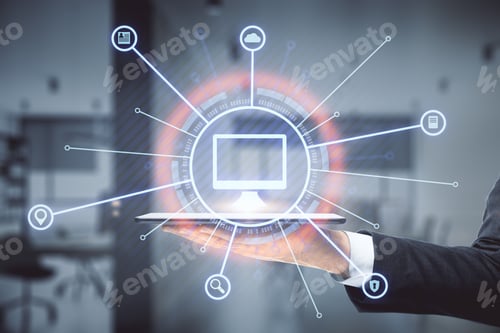 Preview: Encircled Computer Icon With A Hand Holding The Tablet In The Background, Online Business And And