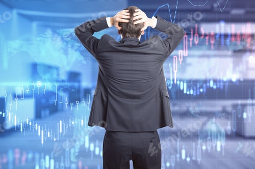Preview: Back View Of Stressed Young Businessman In Suit Standing In Modern Office Interior With Forex