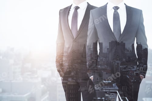 Preview: Businessmen On Abstract City Background With Sunlight And Copy Space. Teamwork And Future Concept