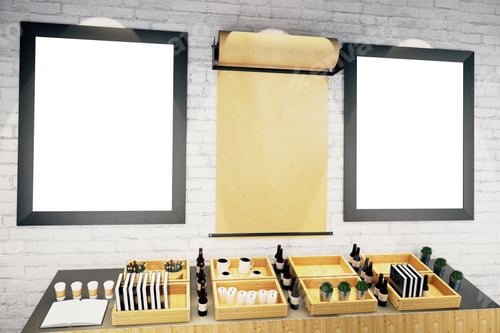 Preview: Blank Parchment Roll And Picture Frames On Brick Wall In Cafe Interior. Mock Up
