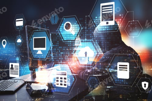 Preview: Technology And Hacking Concept. Side View Of Hacker At Desktop Using Laptop With Creative Digital