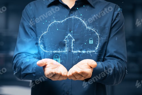 Preview: Cloud Computing Concept With Digital Cloud Sign With Arrow Up Above Businessman Hands At Dark