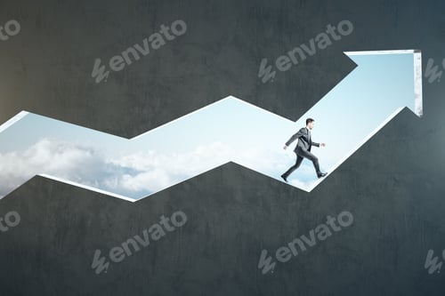 Preview: Businessman Runing On Transparent Arrow On Blue Sky Background. Business And Challenge Concept.