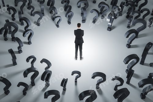 Preview: Business Solution Concept With Back View On Pensive Businessman On Light Surface Surrounded By