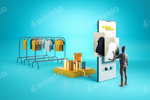 Preview: Creative Online Shopping Concept With Person In Hoodie Looking At Huge Smartphone And Racks With