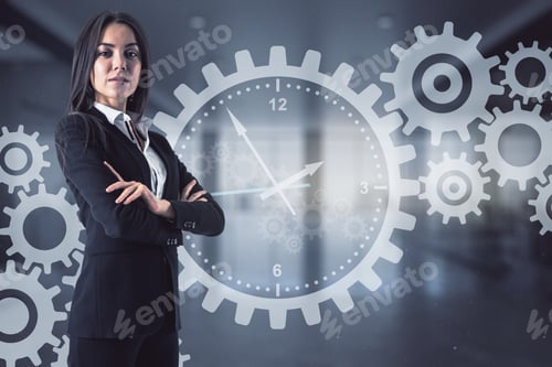 Preview: Attractive Businesswoman And Glowing Cogwheel Hologram Interface On Blurry Office Interior