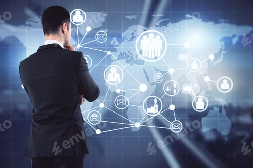 Preview: Man Looking At Hologram Of Digital Social Network, Online Search For Workers Concept