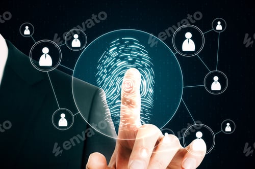 Preview: Businessman Finger On Creative Blue Finger Print Button With Connections On Black Background. Id