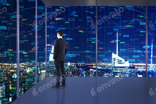 Preview: Businessman Standing In Minimalistic Office Interior With Night New York City View And Bog Data On