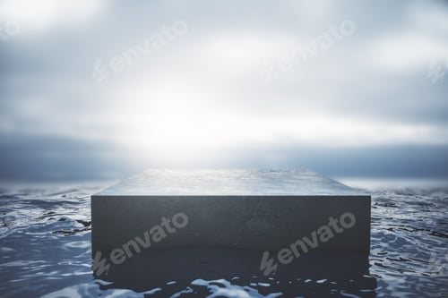 Preview: Abstract Pedestal On Dull Sky Background. Mock Up, 3D Rendering