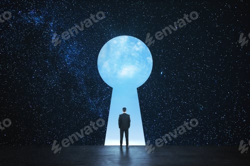 Preview: Back View Of Young Businessman Standing Against Keyhole Door On Starry Sky Background. Dream