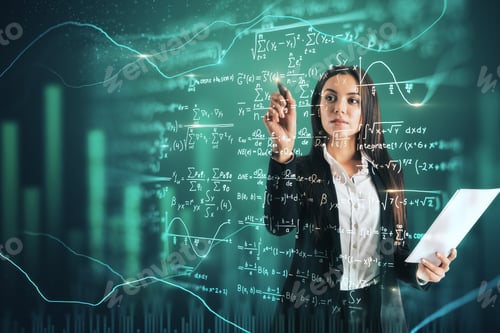 Preview: Attractive Businesswoman Writing Mathematical Formulas On Blurry Background. Education And Complex