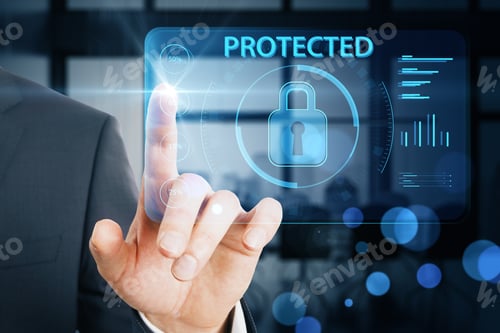 Preview: Close Up Of Business Man Hand Pointing At Creative Protected Digital Padlock On Blurry Bokeh Office