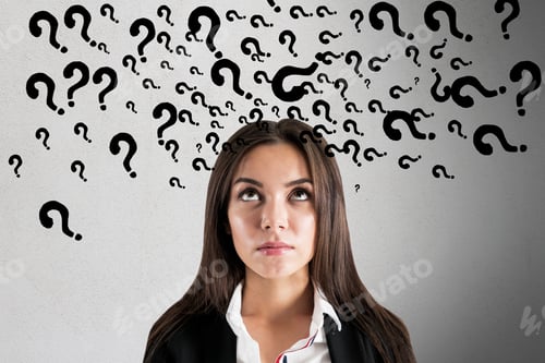 Preview: Portrait Of Pretty Young European Businesswoman With Abstract Question Marks On Concrete Wall