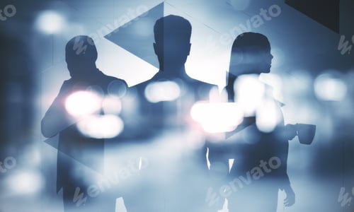 Preview: Businesspeople Silhouettes Standing And Working Together On Blurry Background. Teamwork And Career