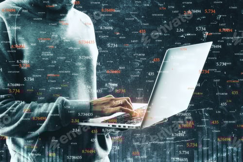 Preview: Data And Trade Concept. Side View Of Hacker Using Laptop With Glowing Forex Chart On Blurry