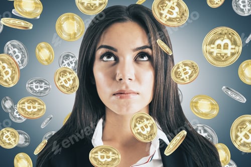 Preview: Thoughful Young Businesswoman With Bitcoin Rain. Money And Trade Concept