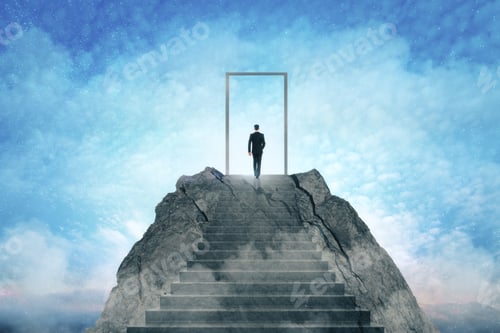 Preview: Businessman Standing On Abstract Mountain With Door On Sky Background. Promotion And Dream Concept