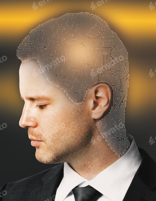 Preview: Digital Maze Headed Businessman On Bright Yellow Background. Challenge Concept. Double Exposure