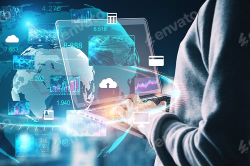 Preview: People Using Laptop With Digital Global Computer Cloud Interface With Charts. Trade And Investment
