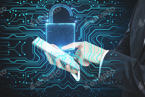 Preview: Side View Of Businessman Hands Using Tablet With Digital Padlock. Technology And Security Concept