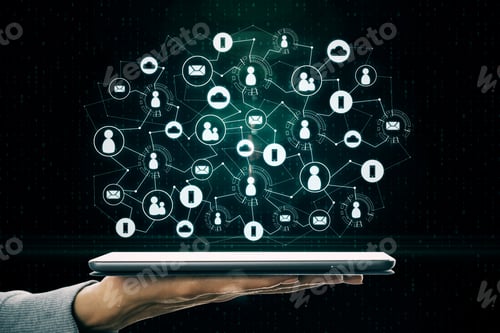 Preview: Hand Holding Tablet With Creative Social Network Interface On Dark Background. Media, Hr And