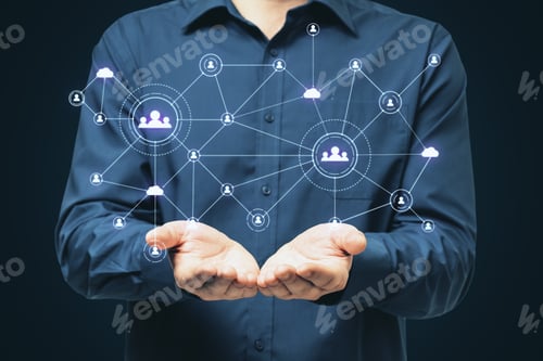 Preview: Businessman Holding Global Social Network Interface And Glowing Human Resource Concept