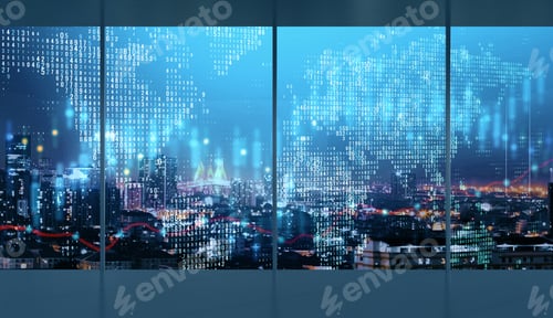 Preview: Modern Interior With City View And Stock Chart On Windows. Trade And Analysis Concept.