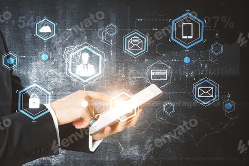Preview: Side View Of Businessman Hands Using Tablet With Digital Blockchain Interface. Cryptocurrency And