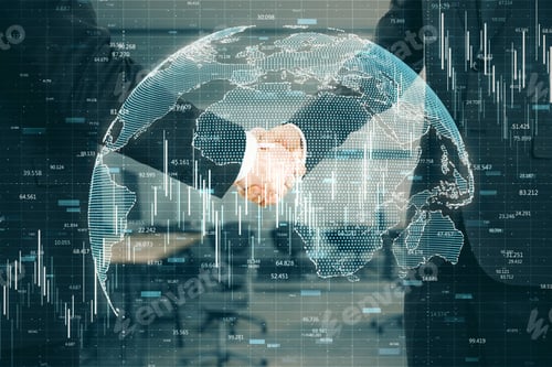 Preview: Side View Of Businessmen Shaking Hands In Interior With Digital Globe And Forex Chart. Teamwork And