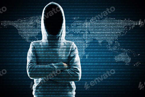 Preview: Hacker In Hoodie Standing On Abstract Binary Code Map Background. Global Criminal And Hacking