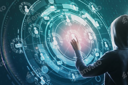 Preview: Hacker Hand Using Creative Social Network Interface On Dark Background. Media, Hr And Malware