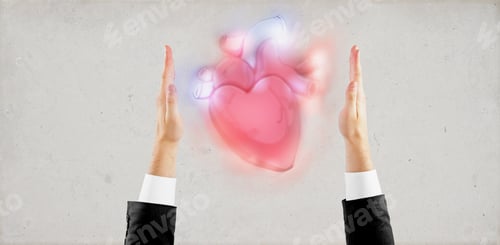 Preview: Businessman Hands Holding Realistic Heart Sketch On Textured Background. Health Concept