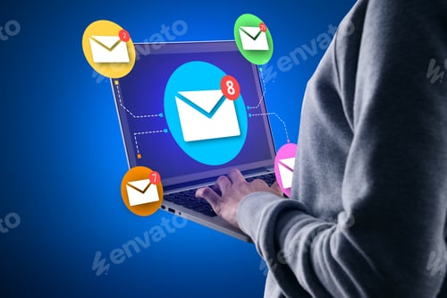 Preview: Close Up Of Businessman Hand Holding Smartphone With Abstract Email Network On Blue Wall