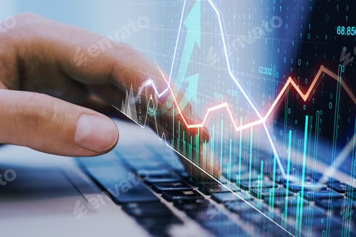 Preview: Close Up Of Hands Using Laptop With Creative Glowing Business Chart And Arrows.