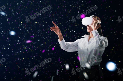 Preview: Abstract Double Exposure Image Of Attractive Young White European Woman With Vr Glasses Pointing At