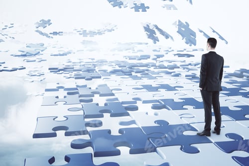 Preview: Challenge And Choice Concept. Businessman On Abstract Cloudy Sky Background With Jigsaw Pieces.