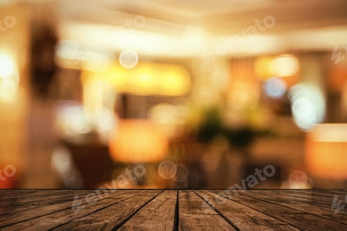 Preview: Creative Background With Wooden Surface And Blurry Interior. Copy Space. Product Placement Concept