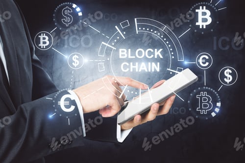 Preview: Side View Of Businessman Hands Using Tablet With Creative Blockchain Hologram. Cryptography And