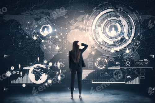 Preview: Back View Of Young Businesswoman Looking At Large Glowing Business Interface With Map. Network And