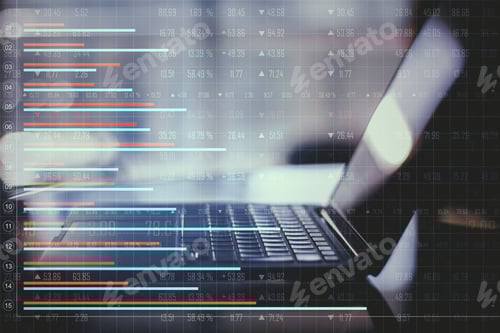 Preview: Close Up Of Laptop With Creative Forex Chart On Blurry Desktop Backround With Lines. Finance And