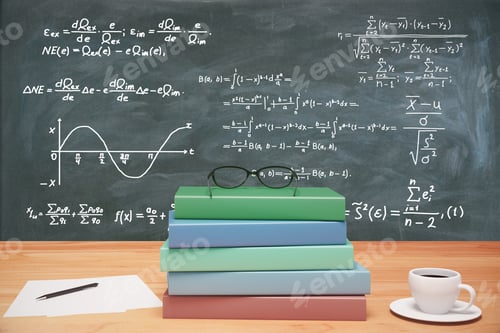 Preview: Pile Of Colorful Books, Eyeglasses And Cup Of Coffee On Wooden Table At Blackbooard With Equations