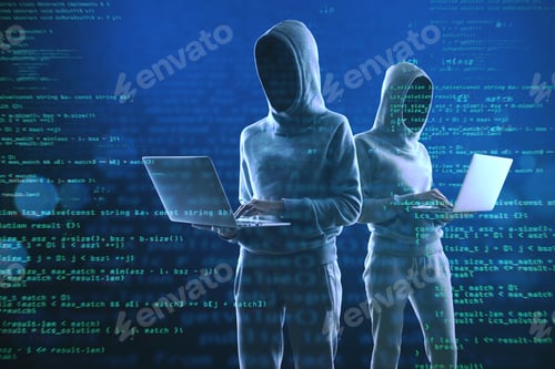 Preview: Image Of A Group Of Hackers In Hoodies Standing On Abstract Dark Coding Backdrop. Malware, Phishing