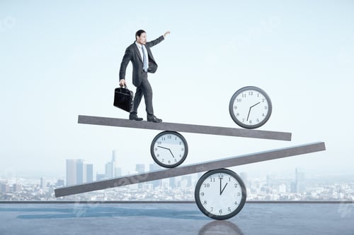 Preview: Businessman With Suitcase Walking On Scales On Modern City Background. Business And Deadline