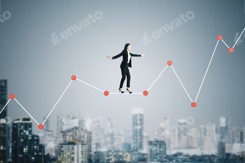 Preview: Businesswoman Walking On Forex Chart On A City Background. Business And Financial Success Concept.